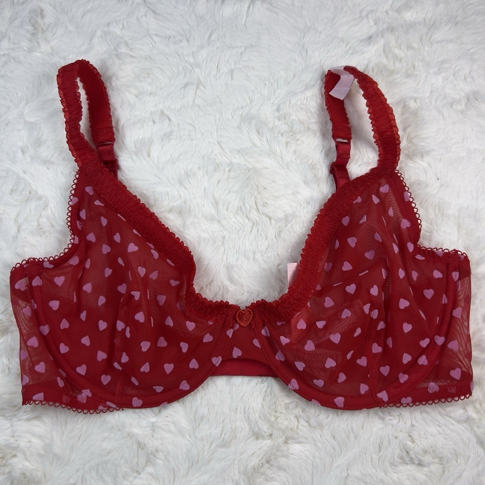 Victoria's Secret Tease Hearts Mesh Unlined Demi Bra Red White Hearts 36DD NWT
